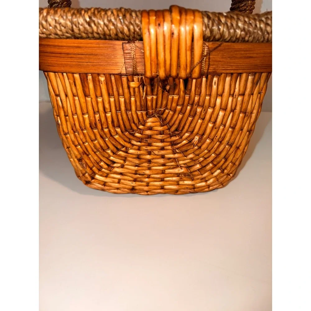 Vintage Woven Wicker Basket with Seagrass Wrapped Handle Rectangular Brown Decor